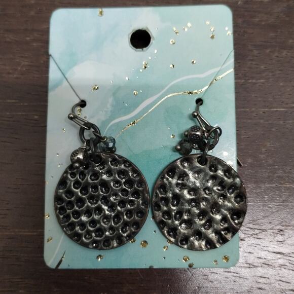 Hammered Metal Circle Silver Tone Pierced Ear Dangle Drop Hook Earrings - Picture 1 of 4